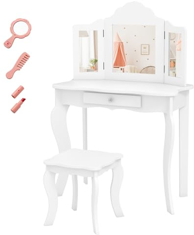 DREAMADE Schminktisch Kinder mit Hocker & Abnehmbarer Spiegel, Prinzessin Frisiertisch mit Schublade, Kinderschminktisch für Kinder Mädchen (Weiß-ohne Beleuchtung)