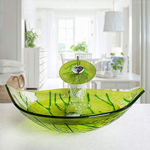KECTIAKL Green Bathroom Vessel Sink with Faucet and Drain Combo,Tempered Glass Sink Bowl Above Counter Leaf Shape Vessel Sink Art Basin