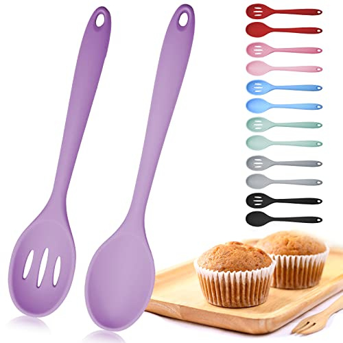 Mixing Spoons, Silicone Slotted Spoon, Silicone Spoons for Cooking, Serving Spoons for Mixing, Serving, Draining, Stirring, Dishwasher Safe, Heat-Resistant, Non Stick (Purple)