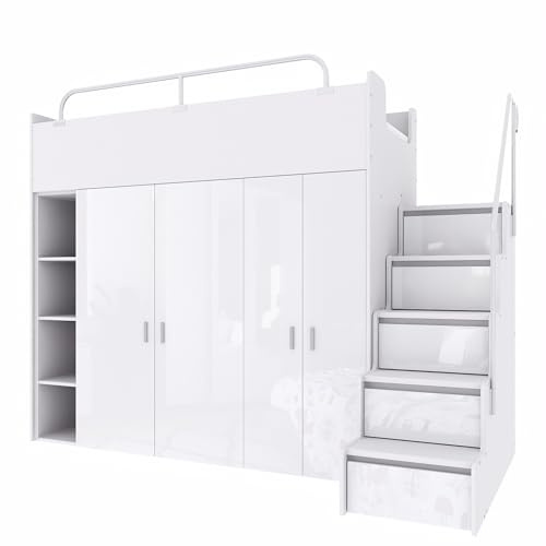 Marlux-Meble Hochbett Kinderbett JSM-2 80x190 mit Zwei Kleiderschränken, Bücherregal und Treppe Hochglanz Etagenbett Stockbett Jugendhochbett (Weiß Glanz)
