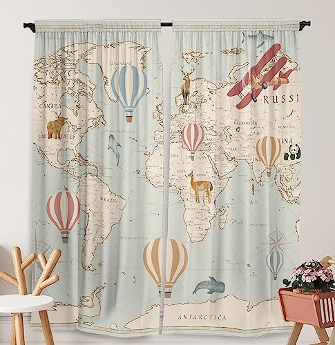 Yilinata World Map Window Curtains Hot Air Balloon Drapes