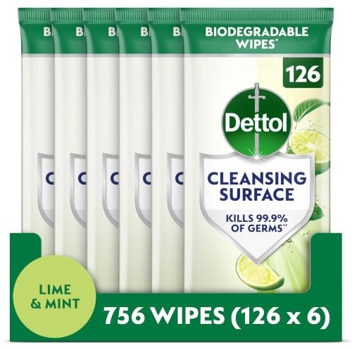 Dettol Antibacterial Cleansing Surface Biodegradable Wipes, Lime and Mint, 756 Wipes (126 x 6pck), Disinfectant, Home Hygiene, Kills 99.9 Percent of Germs