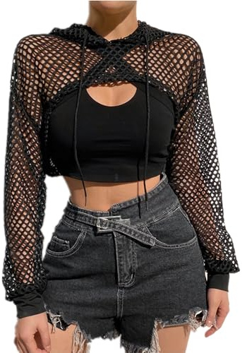 IBLUELOVER Femme Haut Court Crop Top Réseau T-Shirt Lingerie Crochet Filet à Mailles Blouse Sexy Corset Transparents Maillot de Bain Robes de Plage Mesh Tops Gilet Vest de Sport Soirée Club Punk Rock
