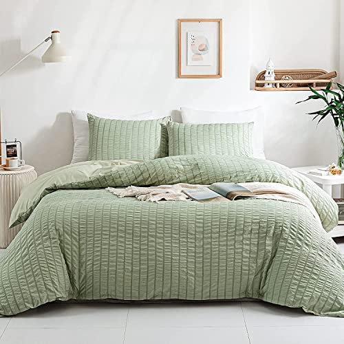 Sedefen Seersucker Bettwäsche 155x220cm Grün Salbeigrün Uni Einfarbige Wende Bettwäsche Set Mikrofaser Bettbezug 155x220cm und 1 Kissenbezüge 80x80cm mit Reißverschluss