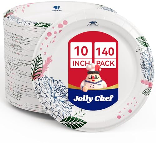 JOLLY CHEF 𝟭𝟰𝟬 𝗖𝗼𝘂𝗻𝘁 𝗣𝗮𝗽𝗲𝗿 𝗣𝗹𝗮𝘁𝗲𝘀 𝟭𝟬 𝗶𝗻𝗰𝗵 Soak Proof, Cut Proof, Heavy Duty Flower Printed Disposable Paper Plates for Everyday Use