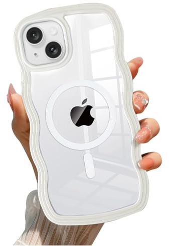 QLTYPRI Magnetic for iPhone 13/14 Case Compatible with Magsafe, Cute Curly Wave Frame Clear Case for Girls Women, Transparent TPU Bumper Shockproof Phone Cover for iPhone 13/14 - White