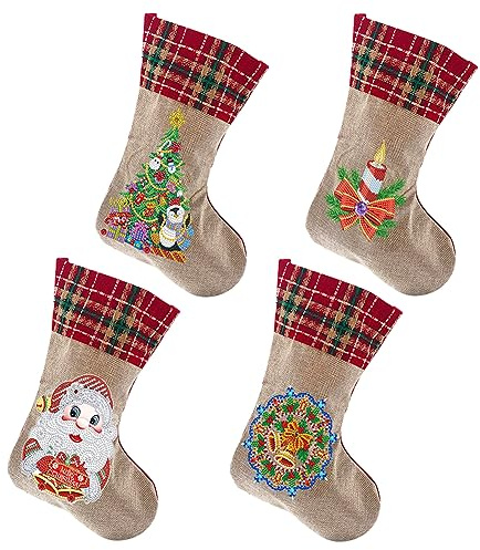 Demiawaking 4Pcs DIY 5D Diamond Painting Weihnachtsstrumpf Weihnachtssocken, Diamant Malerei Weihnachtsbaumschmuck Weihnachtsdeko, Geschenk Tasche Süßigkeiten Geschenktüte Party Deko Geschenk (B)