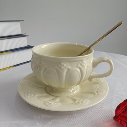 RYHMHA Handbemaltes Keramik-Kaffeetassen- und Untertassen-Set, Royal Tea Set，300 ml, cremefarben