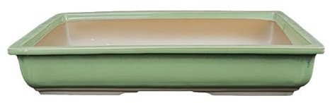 Japanische Bonsaischale Morrisan rechteckig aus grün glasiertem Steingut 24,5x16,5x4,5 cm - B19-32b