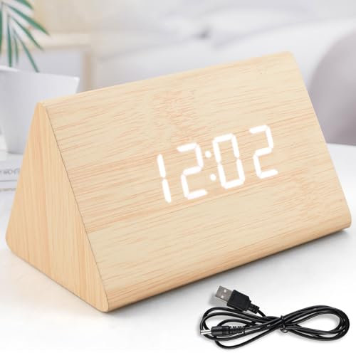 Digital Alarm Clock Triangle Wooden LED Bedside Clock with Large Digit Display 3 Alarm Settings Temperature Sound and Space Sensors 2 Time Systems USB Battery Operated for Bedroom (Bamboo Color)