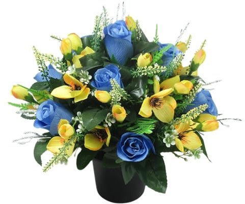 Just Because Flowers Spring Artificial Grave Flower Arrangement with Blue Rosebuds and Yellow Mini Alstroemeria