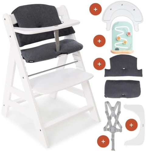 hauck Kinder Hochstuhl Alpha+ inkl. Play Tray Basis, Spielaufsatz Planting Flowers & Sitzpolster - Mitwachsender Babystuhl aus Holz, Kinderhochstuhl ab 6 Monate, verstellbar - Weiß
