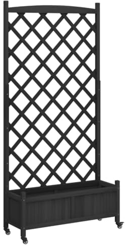 vidaXL Jardinera con Enrejado y Ruedas, Macetero para Plantas, Maceta para Flores, Arriate para Jardín Balcón, Madera Maciza de Abeto Negro