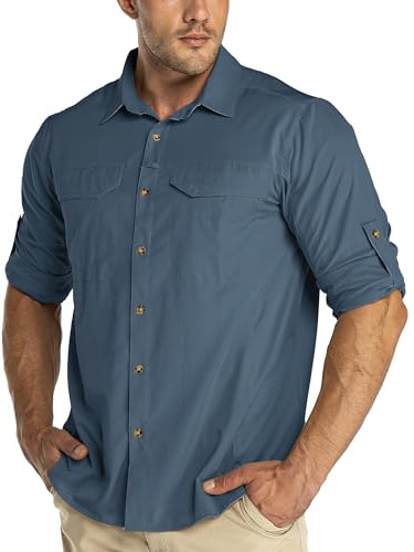 33,000ft Funktionshemd Herren UPF50+ UV-Schutz Langarm Hemd Atmungsaktiv Button-Down-Hemd Outdoor Sportliches Freizeithemd Angelhemd Für Männer Stahlblau L
