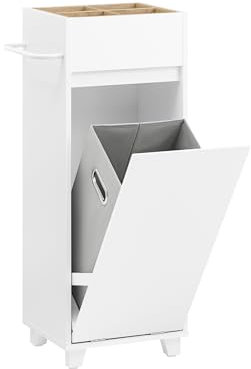 SoBuy Mobile Bagno con Sacco Portabiancheria – Wäscheschrank con 4 Ripiani Aperti Superiori & Portasciugamani Laterale – Mobiletto Bagno Salvaspazio per Piccoli Ambienti, Bianco, 35x90x30cm BZR159-W
