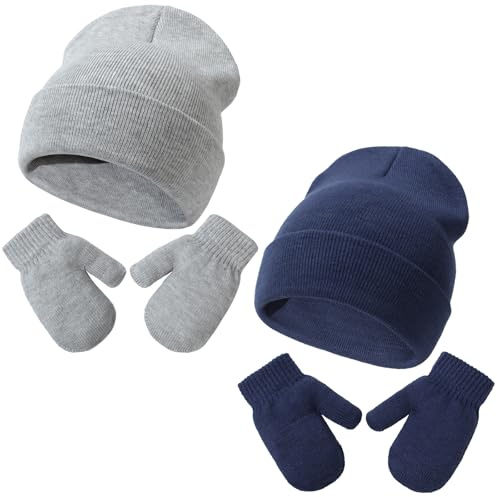 DRESHOW Kleinkind Beanie Kinder Wintermützen und Fäustlinge Set für Kinder Warme Weich Baby Strickenmütze und Handschuhe für 3 Monate - 5 Jahre Mädchen Jungen