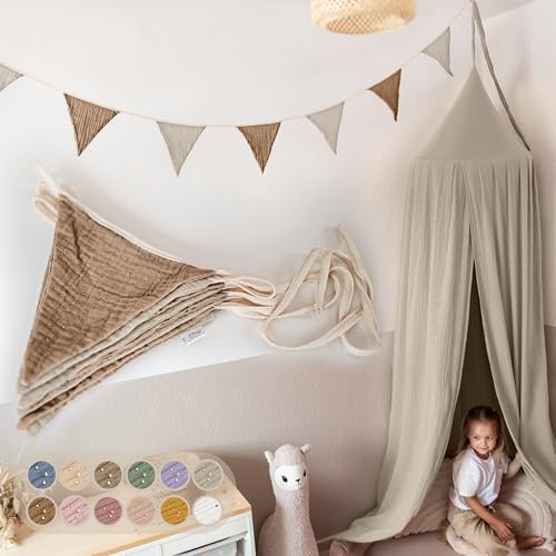 LILIMAUS Wimpelkette Stoff [mit Goldapplikation in 12 Farben] Wimpelkette Kinderzimmer - 100% Baumwolle Handmade Girlande Stoff - Wimpelkette Musselin - Hausbett Deko Mädchen & Jungen für Babyzimmer