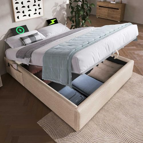KOMHTOM Lit Rembourré avec Port de Charge USB/Type-C, Lit Coffre avec Rangement sous Le lit et Poches de Rangement, Cadre de Lit Plateforme(sans Matelas) (Beige, 140×200 cm)