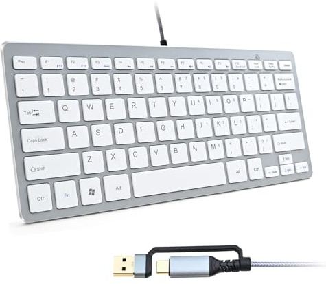 Powboro - Tastiera compatta USB C Mini 78 a forbice, portatile, sottile, con cavo, per PC, laptop, desktop, Windows, Mac, Plug and Play, layout USA salvaspazio per ufficio, casa, viaggi (bianco)