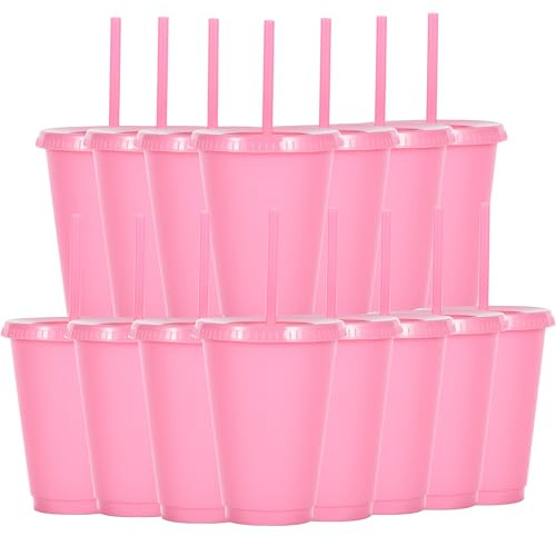 Yisituo Lot de 15 gobelets réutilisables en plastique de 480 ml avec couvercle et paille pour boissons froides, café glacé, voyage et smoothies (rose)