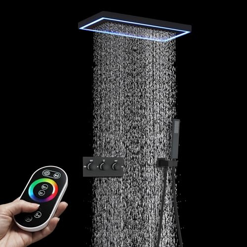 Duschsystem,400x200mm 64-farbiger LED-Musik-Duschkopf,Schwarz Ganzkörper Duschsystem,Decken-Regenbrauseset,2-Funktions-Hauptkörper mit Warm- und Kaltwasser,Mit Handbrause,Schwenkhalterung
