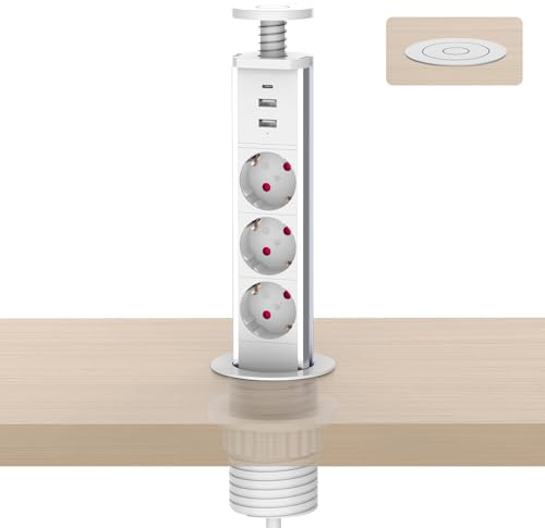 Meisax Multiprise Encastrable Bloc PD 20W Charge Rapide avec 3 Prises 2 USB-A et 1 USB-C Câble 1,8m, Ø 60mm Prise Escamotable Plan de Travail pour Cuisine Bureau Chambres Salon (Blanc)