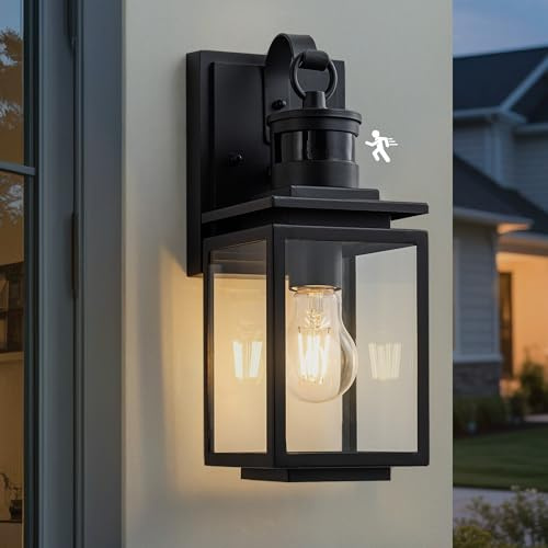 FTL Motion Sensor Outdoor Wall Light, Dusk to Dawn Security Porch Lighting Outdoor, 3 Lighting Modes Exterior Sensor Wall Lantern, Black PIR Outside Wall Sconce for Garden Doorway, IP44 Waterproof