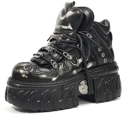 Songella Botas Góticas con Plataforma para Mujer, Botines Punk Rock con Cordones, Diseño de Llamas con Decoración de Metal Suela Chunky Negro Blanco
