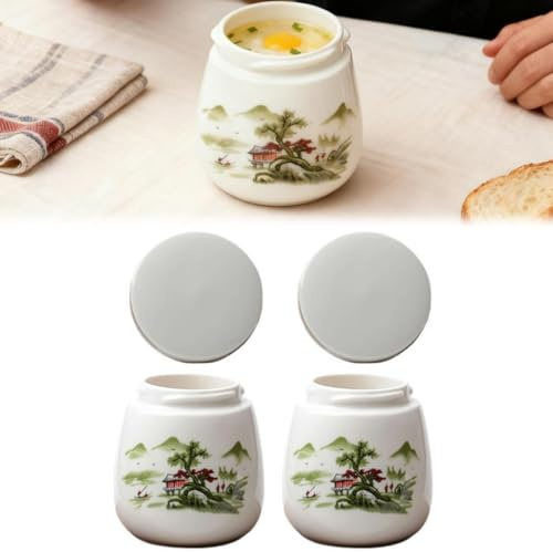 Juego de 2 hueveras con tapas, juego de coddlers de huevos con tapas, cocina de cerámica vintage para huevos hervidos, platos de cerámica de porcelana al vapor, tazas Chawanmushi para desayuno y uso