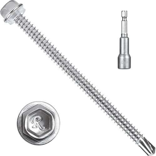 FALSKT 50PCS Vis Autoforeuse Metal avec Rondelle d'étanchéité 6,3 x 100 mm | Vis Autoforeuse Inox 410 pour Metal, Bac Acier, Toiture avec 1 Douilles Hexagonales