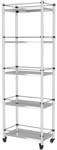Scaffale da cucina in acciaio inox 304 resistente a 5 ripiani, con ruote, multifunzione, per pentole, tavolo da lavoro in metallo, organizer (50 x 16 x 150,6 cm)