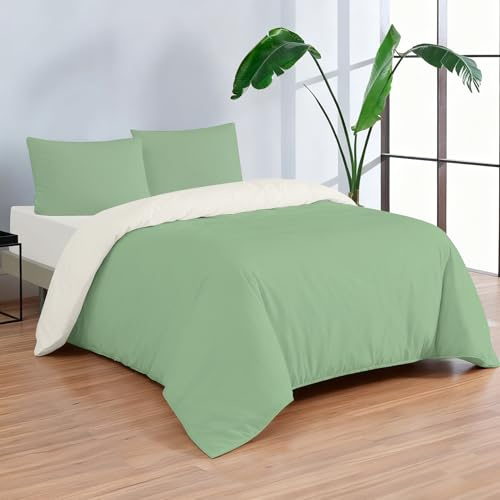 Etrexonline Juego de Funda Nórdica Lisa Reversible Bicolor 4 Piezas Cama 150 Microfibra Transpirable – Funda Edredón 220 x 240 cm, Bajera 150 x 200 + 30 cm, 2 Almohada 50 x 75 cm (Verde y Blanco)