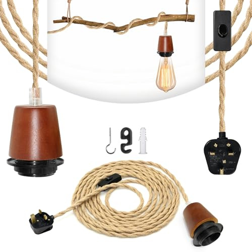 LAKONEI 5.1m Plug in Hemp Rope Pendant Light, E27 Vintage Ceiling Lamp Holder with UK Plug & Switch, Boho Industrial Lighting Fixture for Dining Room or Living Room (Bulb Excluded)