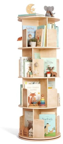labebe Drehbares Bücherregal 360 Grad, Holz-Eck-Bücherregal, 4-stöckiges drehendes Bücherorganisator, Aufbewahrungsregal Organisator, Naturholz