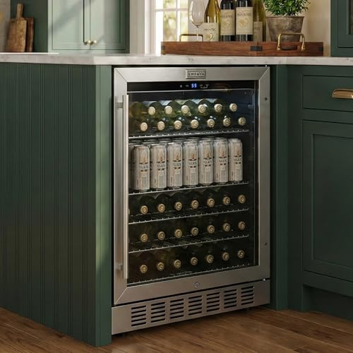Empava 24 inch Undercounter Beverage Cooler Refrigerator with Glass Door, Freestanding Drink Fridge with LED Light, Touch Control, 140 Cans Capacity