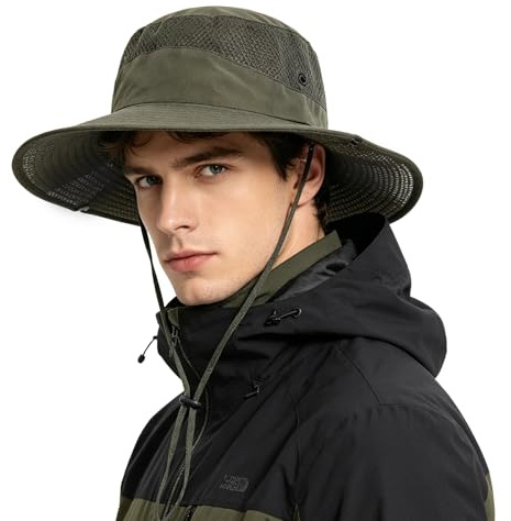 Shyllin Cappello Boonie Impermeabile Uomo Donna, Estivo Cappello Safari Anti UV Traspirante,Tesa Larga Cappello Pioggia,Cappelli da Sole Pescatore,per Pesca,Esterno,Trekking (Verde Militare-2)
