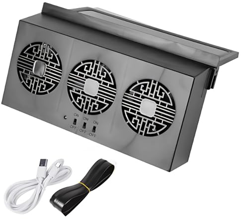 Sacolin Solar Car Exhaust Fan, Black Window Mount Cooling Fan 3 Air Outlets, 5000 RPM, Dual Power, 9.4 X 5.1 X 2.6 in