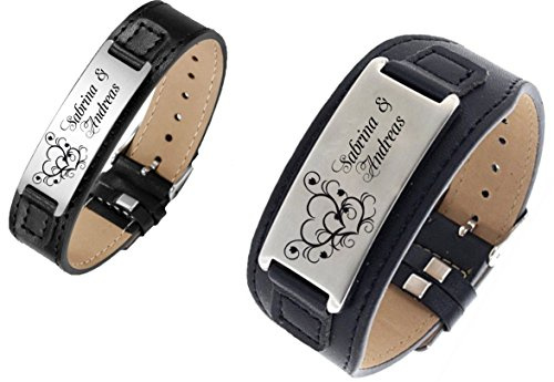 aplusashop ID Leder Partnerarmbänder mit Edelstahlplatte mit Gravur nach Wunsch Zwei Farben (Schwarz Paar (2 Szück))