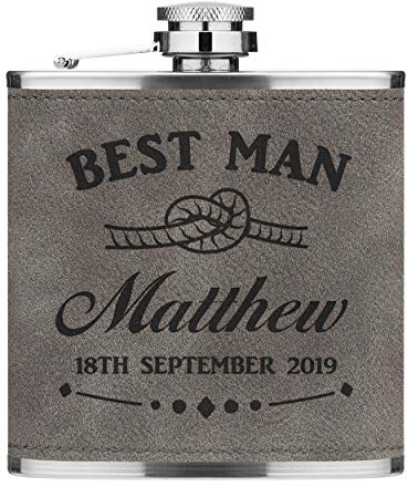 Personnalisé 6oz PU Cuir Hip Flasque Gris Nom Rendez-Vous Mariage Nœud - Meilleur Homme/Servante De Honneur/Marié/Groomsman/Demoiselle D'Honneur/Mariée/Père Mère The/Usher Qualité Premium