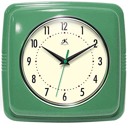 Infinity Instruments Square Silent Retro 9 inch Mid Century Modern Kitchen Diner Retro Wall Clock Quartz Sweep Movement (Green)