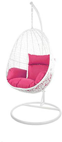 Kideo Swing Chair, Lounge-Möbel, Loungesessel Polyrattan, Hängestuhl, Hängesessel mit Gestell & Kissen (weiß/pink)