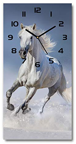 Tulup Glasuhr 30x60 cm - Schwarze Zeigern - Wanduhr Wandkunst Bild Gehärtetem Glas Uhr Echtglas Küche Wohnzimmer - Weißes Pferd im Galopp