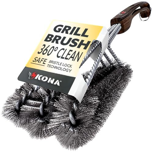 Kona 360 Clean Grillbürste – 45,7 cm beste Grillbürste – Holzmaserung Designer-Griff – Edelstahl 3-in-1 Grillreiniger sorgt für mühelose Reinigung