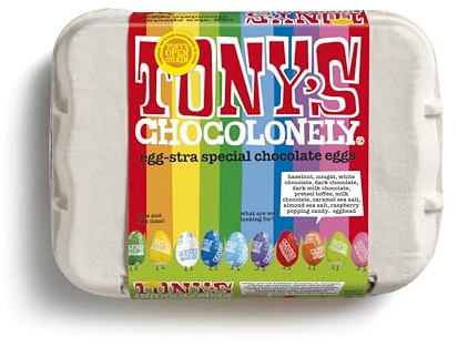 Tony's Chocolonely Assortimento di uova di Pasqua - 12 uova di Pasqua in stagnola - Cioccolato belga Fairtrade - Regali di Pasqua - Scatola di cioccolato - Mini uova - Cioccolato familiare