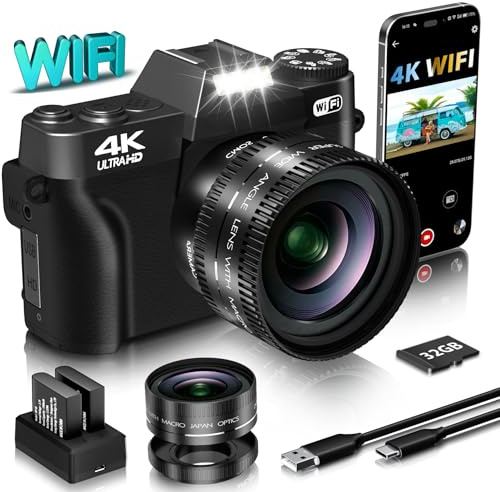 Fotocamera digitale per fotografia VJIANGER 4K 48MP Vlogging fotocamera per YouTube con WiFi, schermo flip a 180 gradi, zoom digitale 16x, obiettivo grandangolare e macro da 52 mm, 2 batterie, scheda