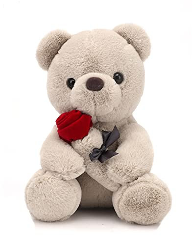 Teddybär, Plüsch-Bär, Teddy mit Rose, 23 cm Teddybären Rose Stofftier Spielzeug Dekozimmer Kissen, Plüschtier Kuscheltier Schmusetier Geschenke für Mama, Kinder Mädchen, Geburtstag, Valentinstag