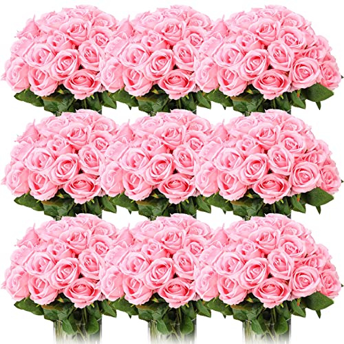 Jexine 100 Pieces Artificial Roses Flowers Bulk, Long Stem Realistic Fake Silk Roses Bouquet for Table Centerpiece Vases Wedding Party Kitchen Decor(Pink)