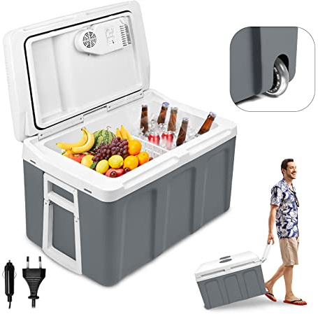 YARDIN 48L tragbare elektrische Kühlbox Kühlboxen Mini-Kühlschrank mit Rollen, 12 Volt & 230 Volt mit Warmhaltefunktion für Auto, LKW und Camping