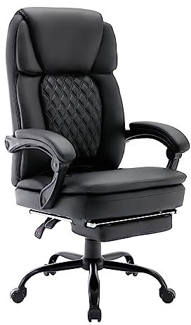 WOTSTA Ergonomischer Bürostuhl PU Leder mit Fußstütze, Chefsessel bürostuhl mit Hoher Rückenlehne und Verdickte Polsterung, Computerstuhl Schreibtischstuhl höhenverstellbar Black