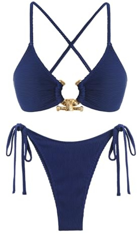 ZAFUL Women's Cutout Bikini Criss Cross Textured Metal High Leg Bikini Sets Cheeky Swimswear Two Piece Swimsuit